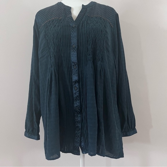Coldwater Creek Dark Teal Blue Embroidered Beaded Button-Up Whimsy Blouse |PXL| - Picture 1 of 11
